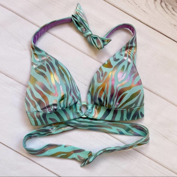 ❌SOLD❌Victoria’s Secret Push Up Bikini Top Green Purple Iridescent Print Size XS - Picture 2 of 10